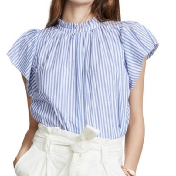 Trovata Birds of Paradise Carla High Neck Blouse Blue White Striped Top XS - Picture 3 of 15